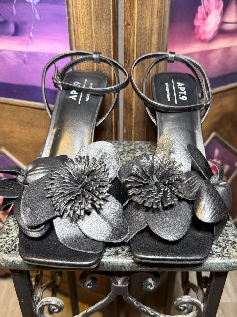 APT 9 Size 9.5 Black Floral Strappy Heels Square Open Toe Stiletto Sandals